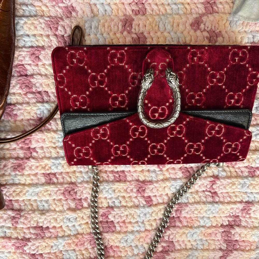 Gucci Red Velvet Clutch with Silver Chain